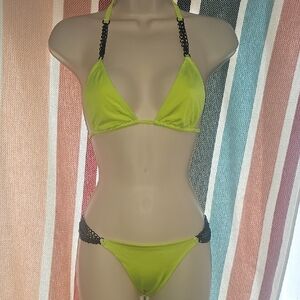 Lime Green Crochet-Accent Triangle Bikini - Women Swim